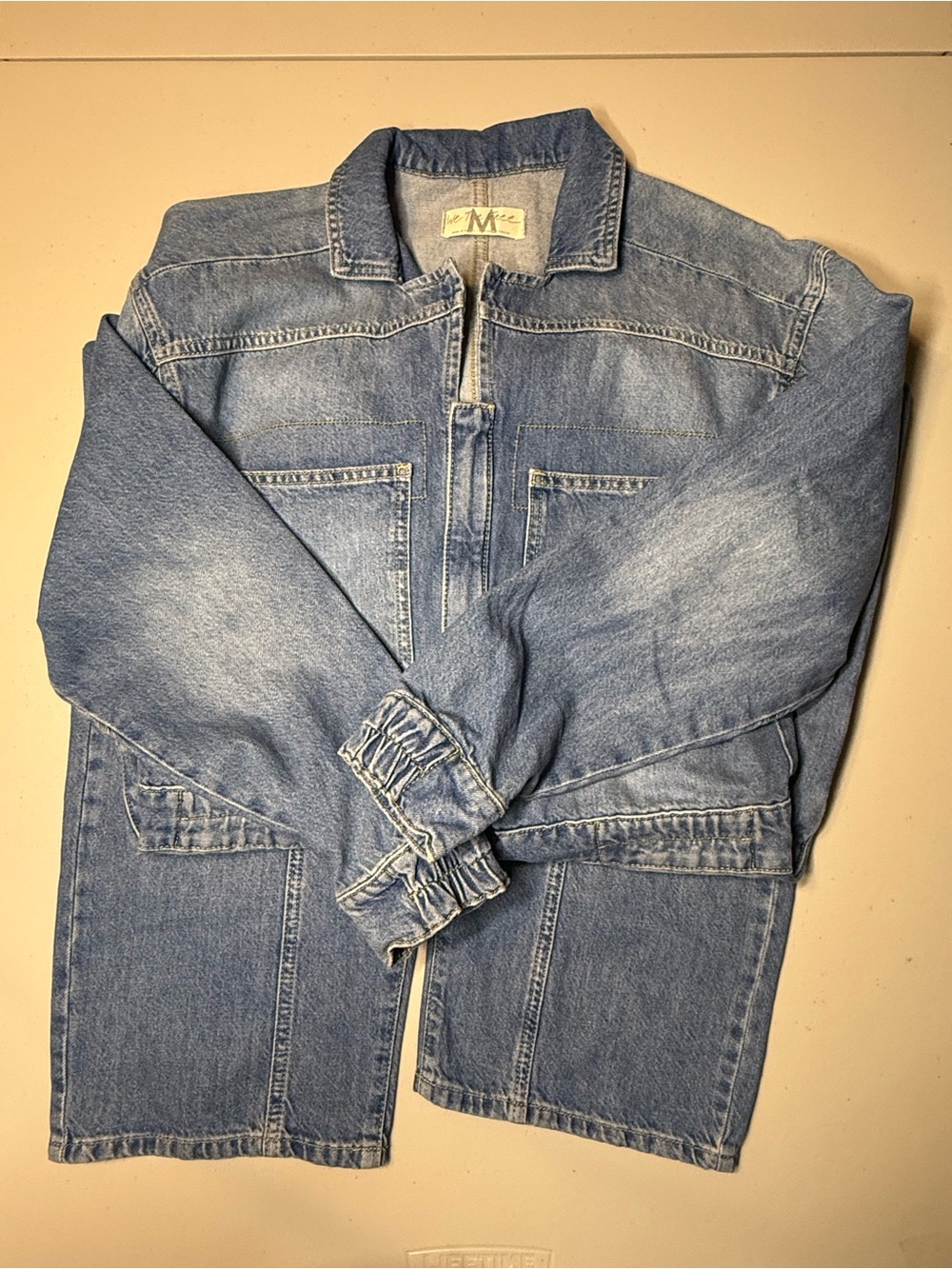 We the Free Denim Long Sleeve Jumpsuit Stonewashed Blue Zipper Closure Medium